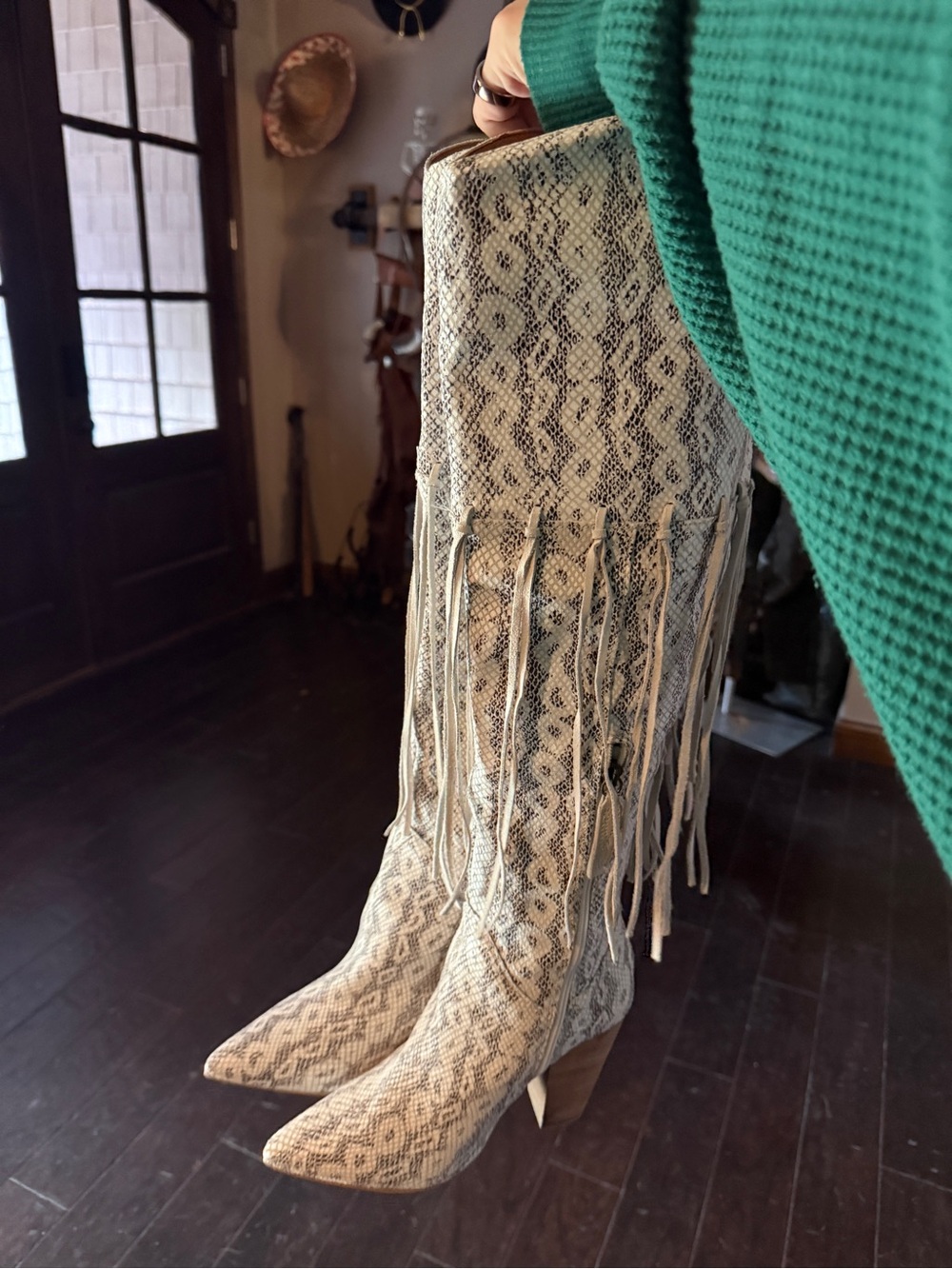 Dingo White and Grey Snake-Print Fringe Over-the-Knee Boots
